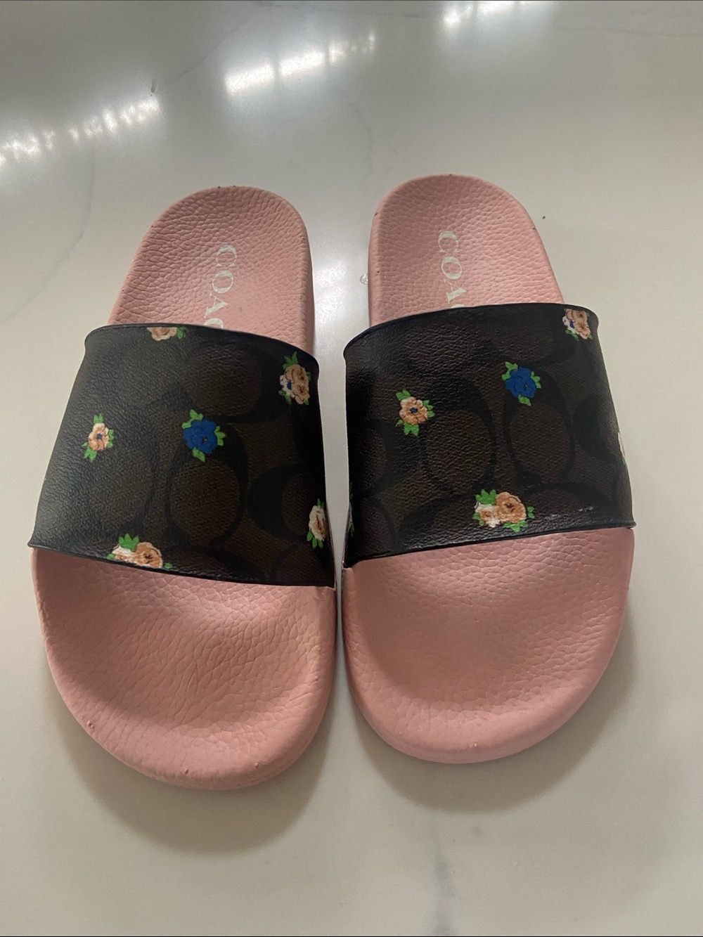Coach Pink Slide Sandals with Floral-Print Signature Strap